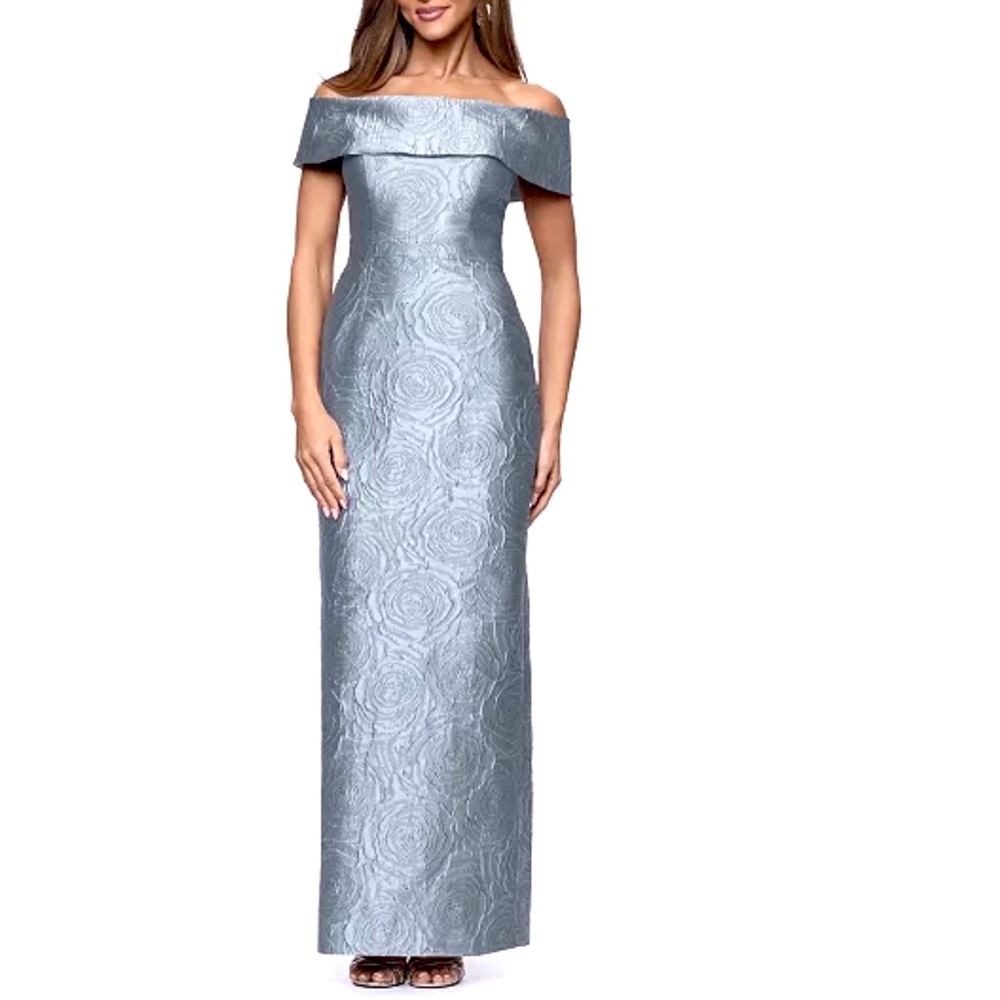 XSCAPE Off The Shoulder Sheath Gown Slate Blue Metallic Floral Jacquard Size 14